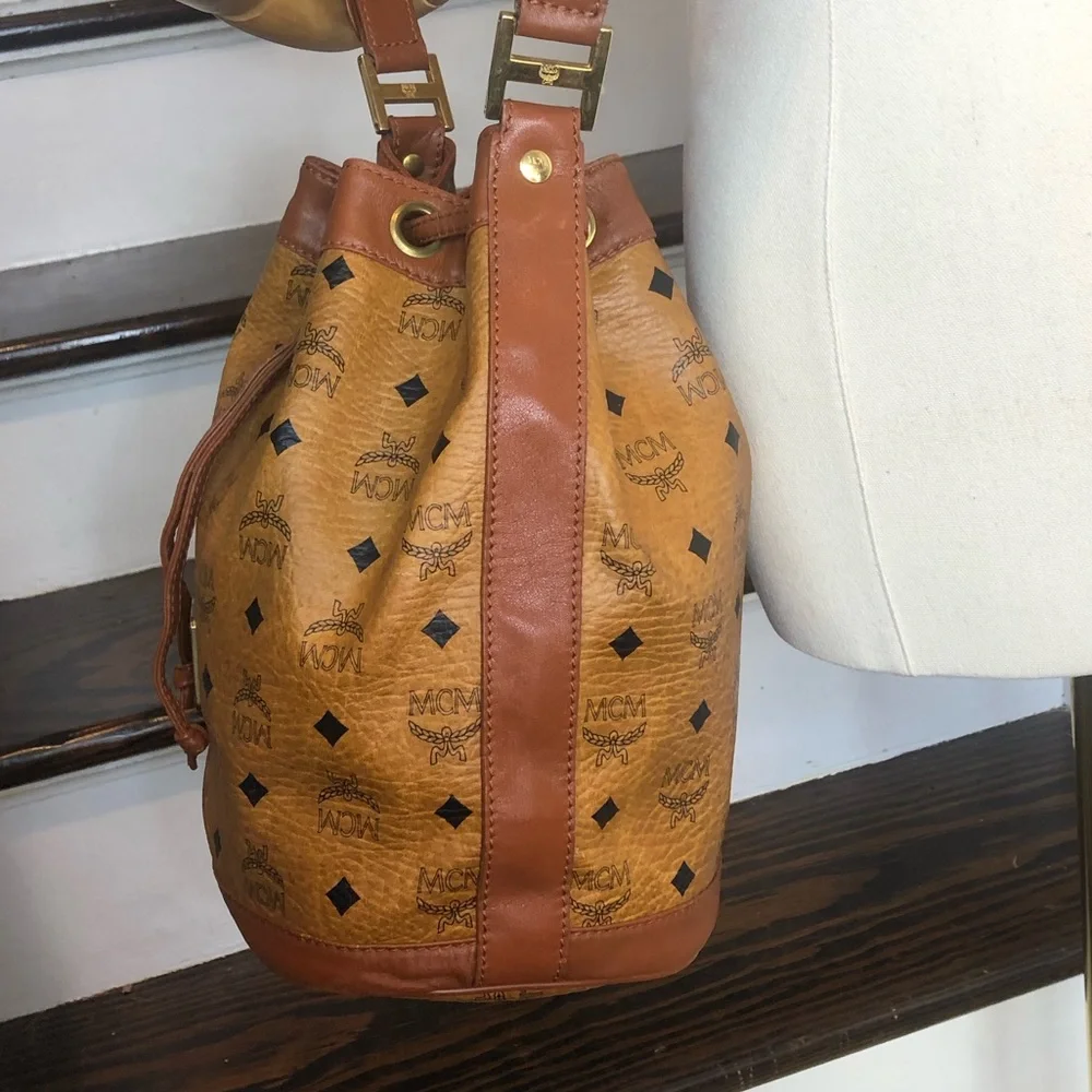MCM Visetos Cognac Leather Monogram Bucket Drawstring Crossbody Bag EUC
